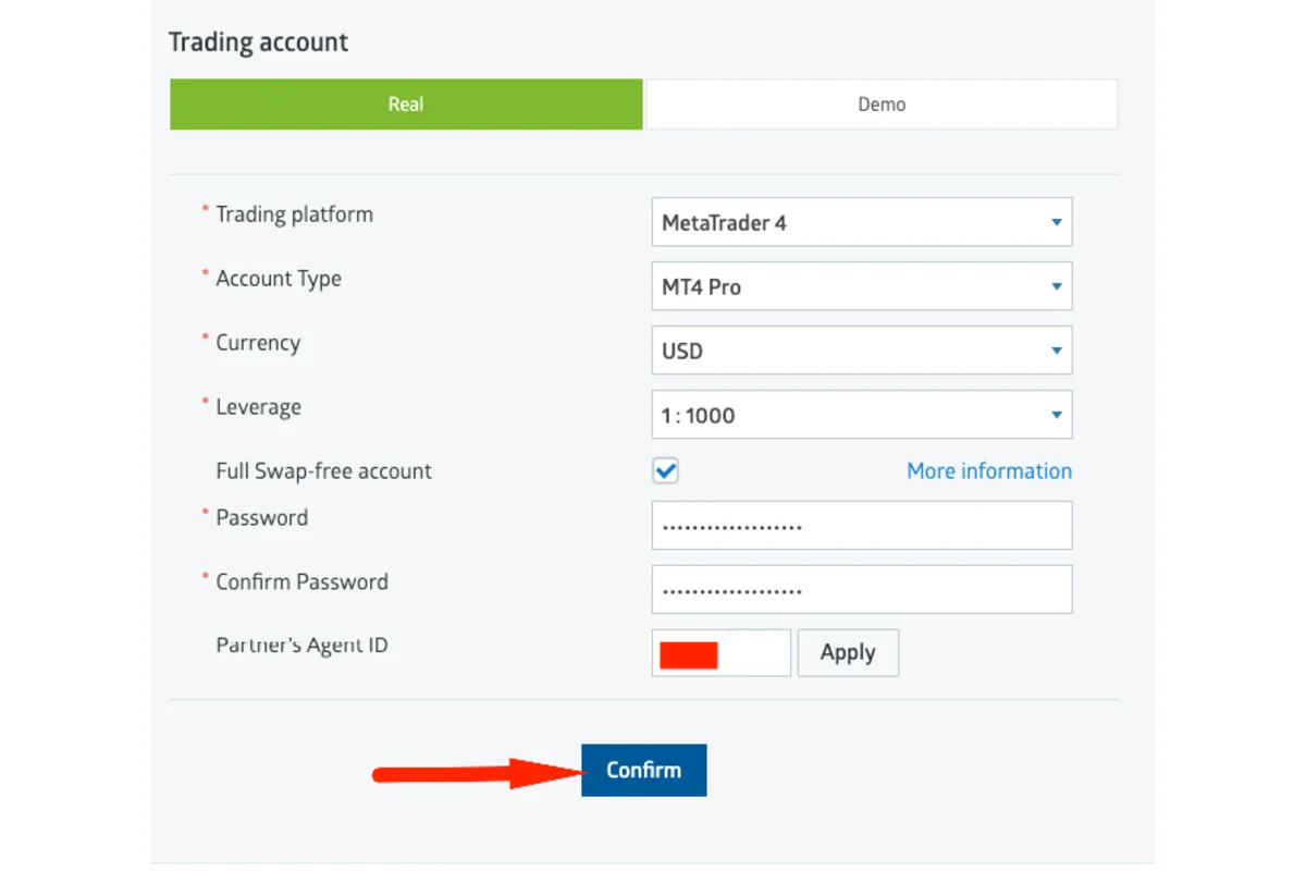 Gambar langkah 4 - Panduan Membuka Akun Trading Baru di Bawah Partner di RoboForex